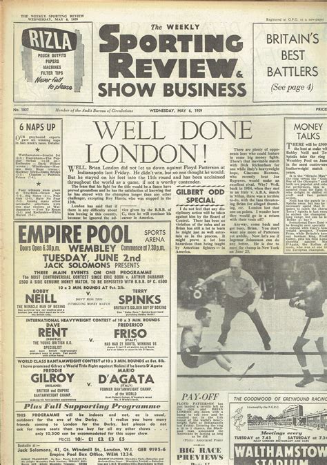 The Weekly Sporting Review Uk Paper May 6th 1959 Brian London Vintage