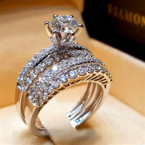 Cute Female Crystal White Zircon Stone Ring Set Luxury 925 Silver Engagement Ring Vintage Bridal