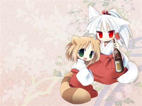 Tails Chibi Brown Green Eyes Animal Ears Red Eyes Collar Drinks White Hair Photoshop Fox Girls