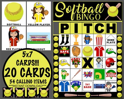 Softball Bingo 20 Cards Instant Download Etsy