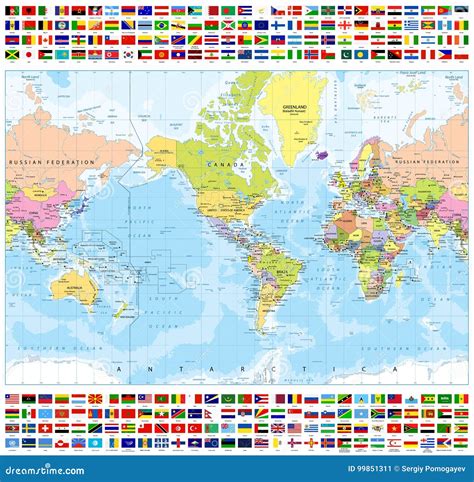 Mapa Do Mundo Político Centrado De América E Todas As Bandeiras De País