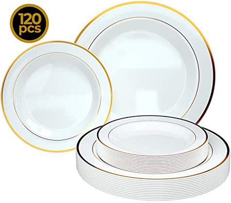 Buy Pb 120 Pcs Set Elegant Plastic Plates Gold Trim And White Heavy