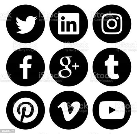 Collection Of Round Popular Social Media Black Logos Stock Photo