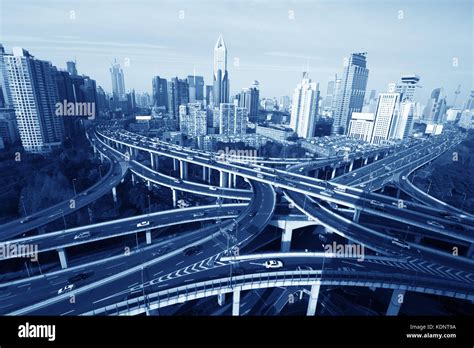 Elevated Road Junction Panorama In Shanghai At Duskchina Stock Photo