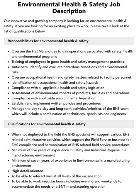 Environmental Health And Safety Job Description Velvet Jobs