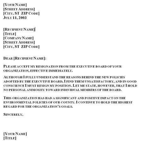 Resignation Letter From Executive Board Template Sample