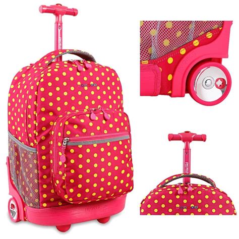 Pink Rolling Backpack Polka Dot Wheeled Luggage Trolley Back To School