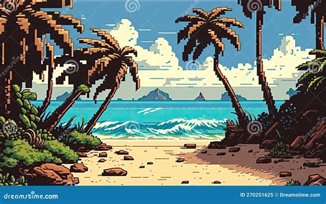 Tropical Island Beach In Pixel Art Stock Illustration Illustration Of