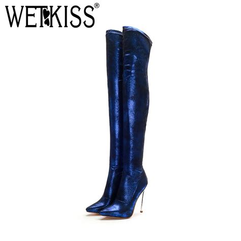 Wetkiss Sexy Over The Knee Women Boots Winter Bootie Pointed Toe Stretch Female Party Shoes Warm