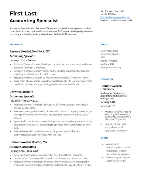 Accounting Specialist Cv Example For 2023 Resume Worded