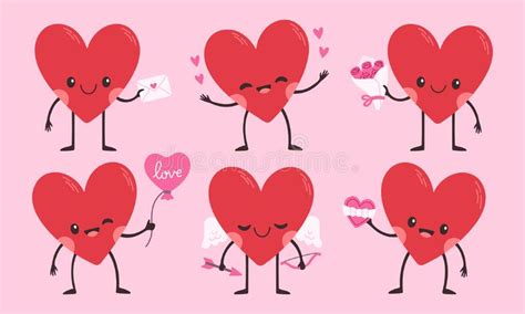 Cartoon Heart Character Set Cute Love Symbol With Face Hands And Feet