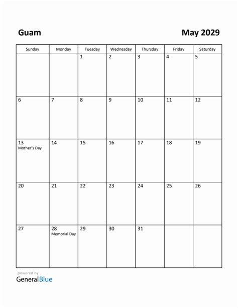 Free Printable May 2029 Calendar For Guam