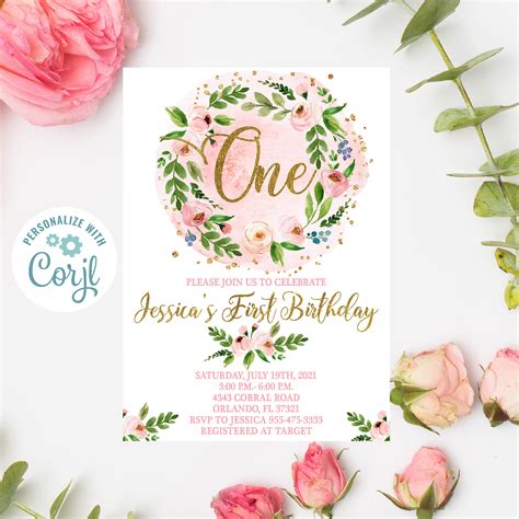 Editable First Birthday Invitation Floral First Birthday Etsy