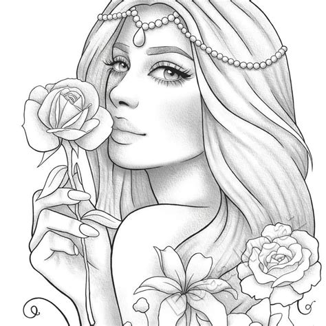 Adult Coloring Page Fantasy Floral Girl Portrait Etsy Fantasy Girl
