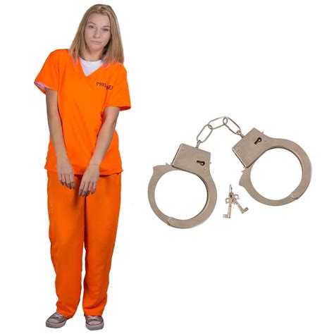 Orange Prisoner Ladies Convict Costume Handcuffs Fancy Dress Inmate