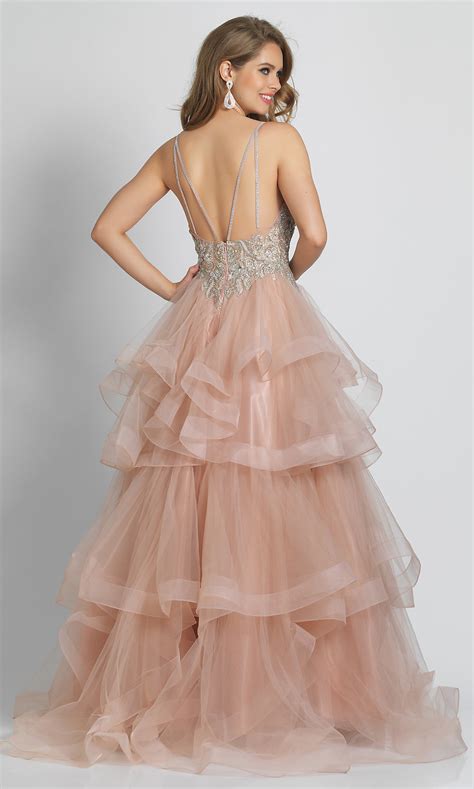 Long Tiered Skirt Formal Rose Pink Prom Dress