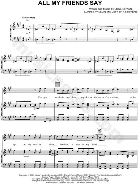 Luke Bryan All My Friends Say Sheet Music In A Major Transposable
