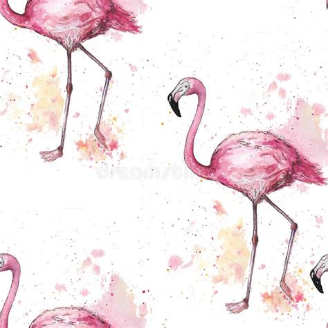 Watercolor Pink Flamingo Seamless Pattern In Watercolor Splashes Stock