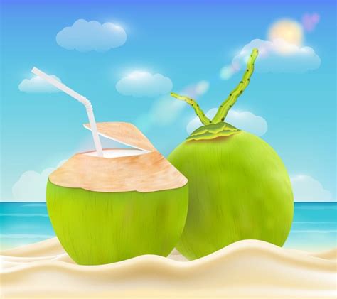 Bebida De Coco Na Praia De Areia Do Mar Vetor Premium
