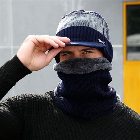 Men Winter Warm Hat Knit Visor Beanie Fleece Lined Billed Beanie With