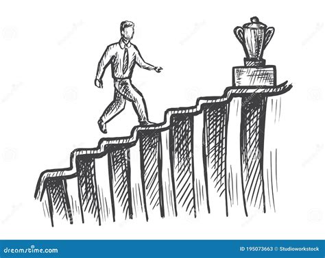 Man Walk Up Stairs To Trophy Career Growth Sketch Stock Vector