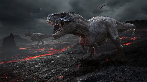 Image Tyrannosaurus Rex Dinosaurs 3d Graphics Fire Roar 2560x1440