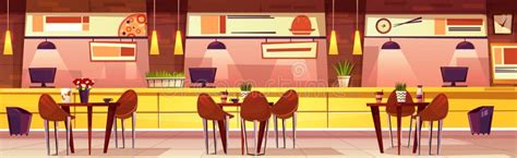 Vector Cartoon Cafe With Various Cuisine Background Stock Vector