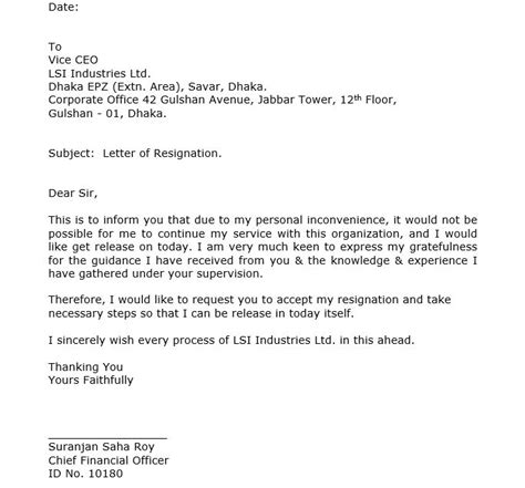 60 Standard Formal Resignation Letter Sample With Notice Period