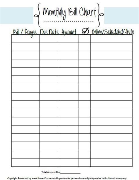 printable bill chart bill planner bill
