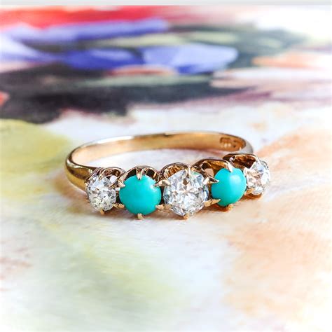 Rare Turquoise Diamond Ring Ct T W Circa S Antique Five Stone