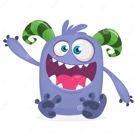 happy cool cartoon fat monster blue and horned vector monster character stock vector