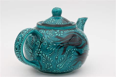 Large Hand Crafted Turkish Ceramic Tea Pots In Turquoise Design Nirvana
