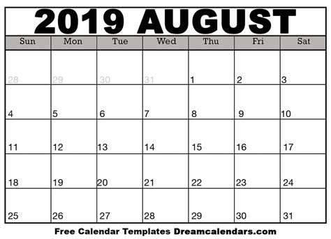 Free Printable August 2019 Calendar Print August 2021 Calendar Blank
