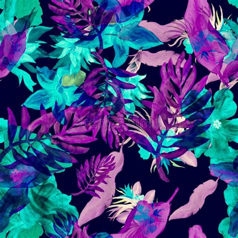Violet Watercolor Design Indigo Flower Wallpaper Green Seamless Plant