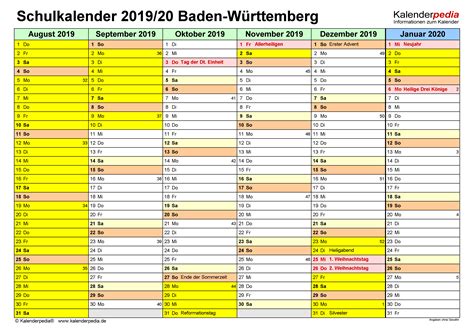 Aug sep okt nov dez jan feb mär apr mai jun jul. Schulkalender 2019/2020 Baden-Württemberg für Excel