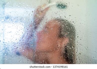 Woman Shower Behind Glass Drops Stock Photo Edit Now
