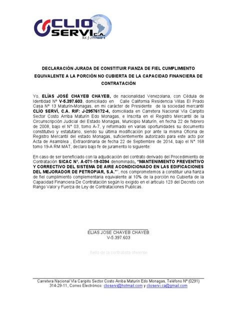 Formato I18 Declaracion Jurada De Constituir Fianza De Fiel