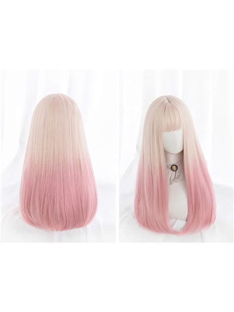 Evahair Sweet Peach Pink Ombre Long Straight Synthetic Wig With Bangs