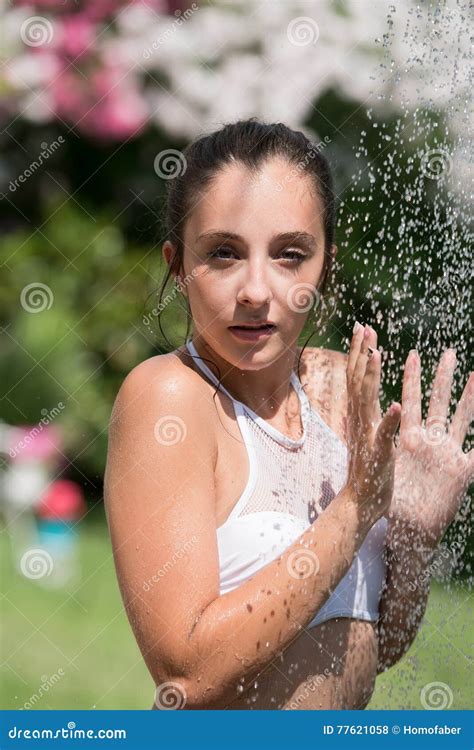 Girl Wear Bikini Standing Under The Outdoor Pool Shower Stock Photo Image Of Sensual Palm