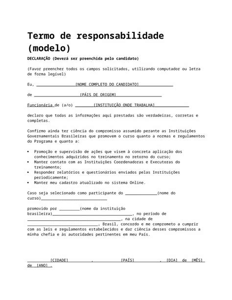 Doc Termo De Responsabilidade Modelo Br Web Viewtermo De Responsabilidade Modelo