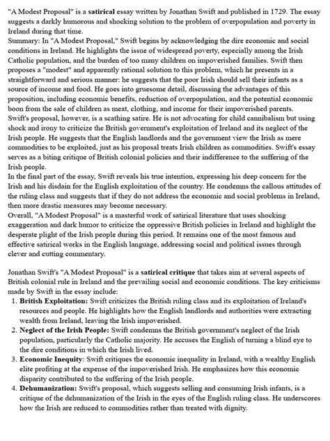 A Modest Proposal Gpt Pdf Satire Age Of Enlightenment