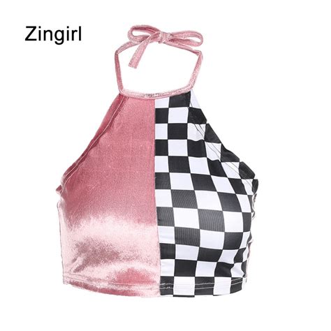 Zingirl Halter Backless Sexy Crop Tops Women Plaid Pink Slim Vest Tanks