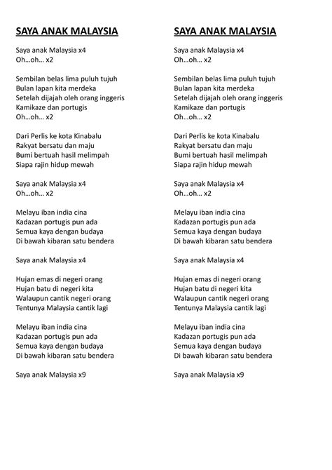 Saya Anak Malaysia Lirik Lagu Saya Anak Malaysia Saya Anak Malaysia