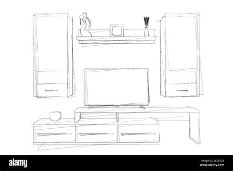 Sketches Hand Drawing Of Modern Living Room Wall Unit On A White