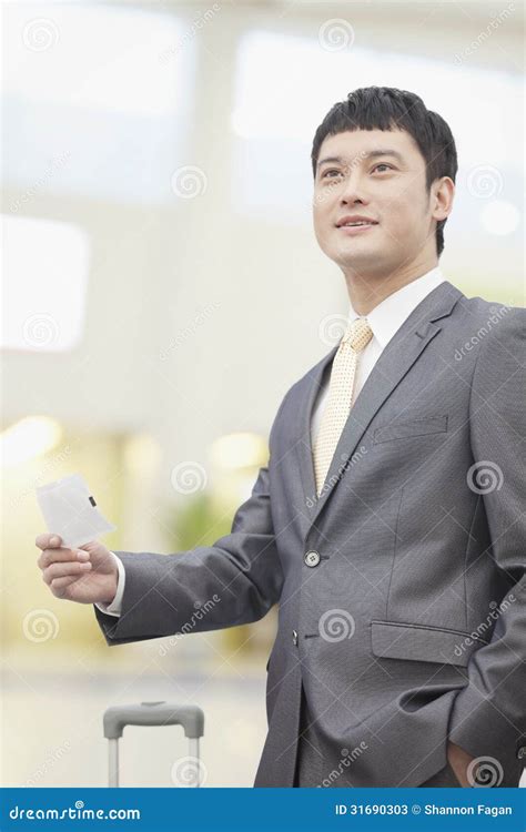 Smiling Business Man Holding Flight Ticket Stock Image Image Of