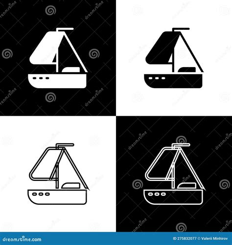 Set Yacht Sailboat Or Sailing Ship Icon Isolated On Black And White