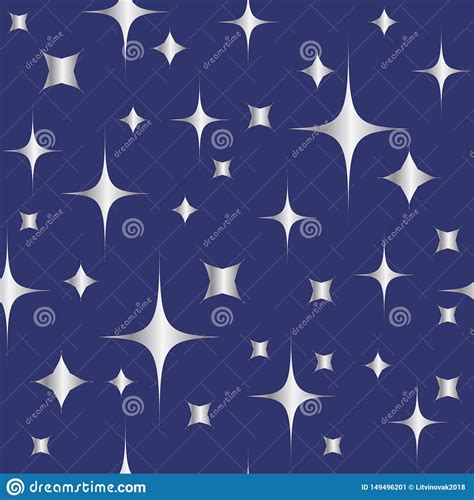 Seamless Pattern With Shining Silver Stars On Blue Background