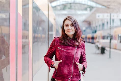 Beautiful Caucasian Woman In Train Station Waiting To Travel Travel And Lifestyle Concept Stock