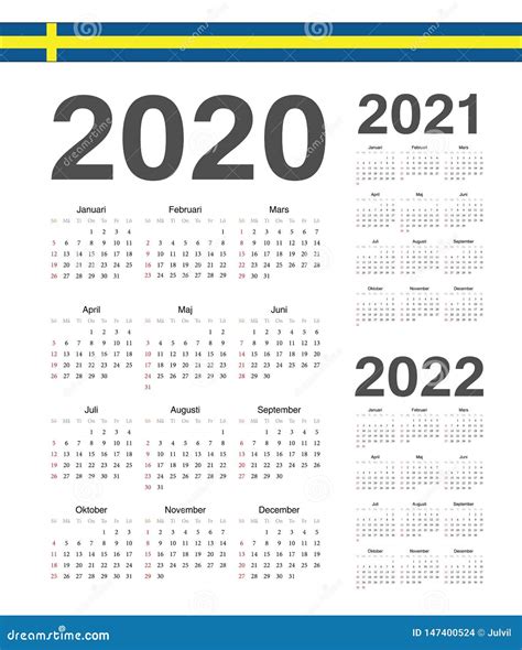 Set Of Swedish 2020 2021 2022 Year Vector Calendars Stock Vector