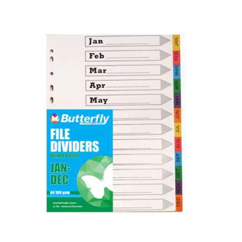 Butterfly A4 File Dividers Bright Board Jan Dec Pack Of 10 Shop